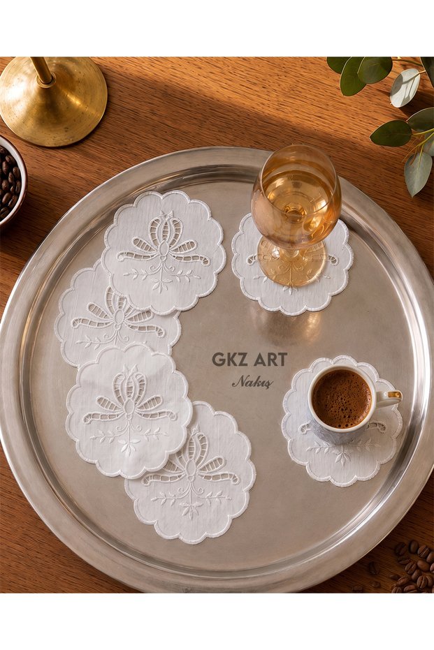 6 Pieces of Linen Fabric with Embroidery on the Bottom, Coffee Side Cocktail Napkins & Coaster Presentation Napkins