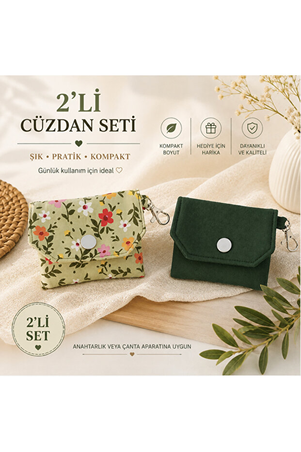 Floral Pattern & Emerald Green 2 Piece Wallet Set 11 X 8 cm