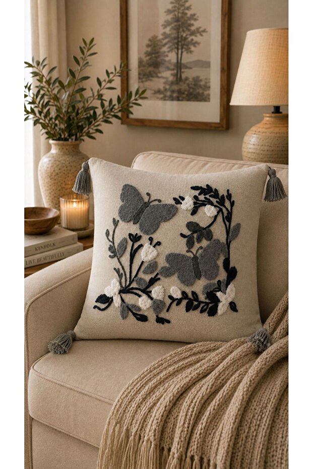 Punch Embroidered Cushion Cover 45X45 cm | Swallow | Home | Anchor | Flower | Patterned