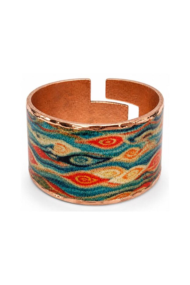 Burgundy Gold-Tone Patterned Thick Copper Ring, Hand-Embroidered Adjustable Model
