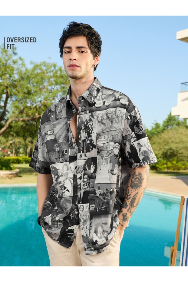 Men Black AOP Anime Print Spread Collar Oversized Shirt