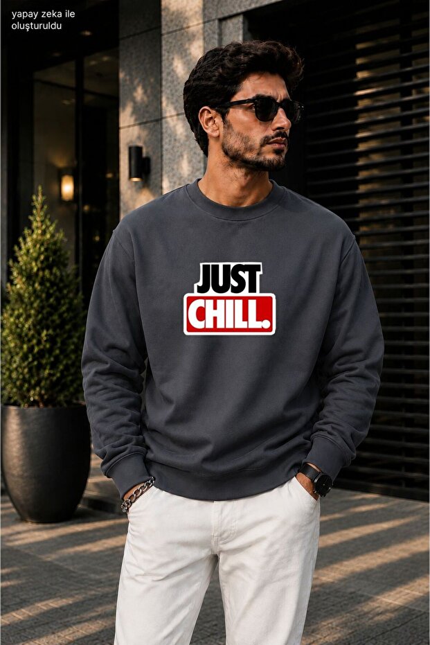 Men's Just Chill Slogan Printed Cycling Round Neck Casual Sweatshirt