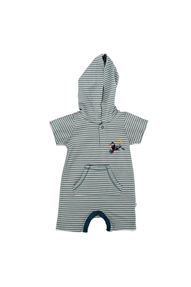 Baby Boy Green and White Striped Kangaroo Pocket Hooded Snap-On Jumpsuit