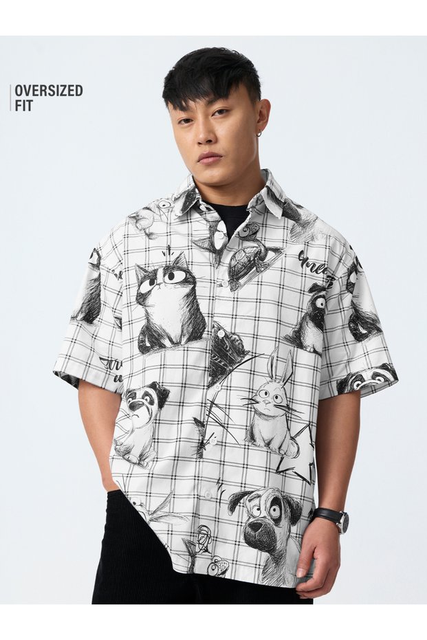 Men White Animal Print Spread Collar Oversized Shirt
