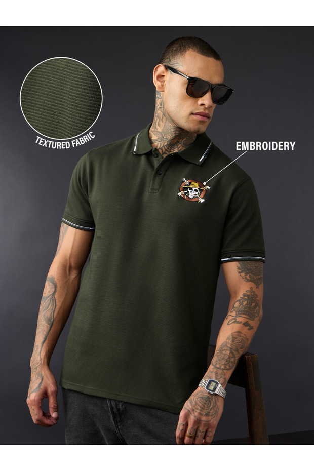 Men Olive Graphic Polo T-Shirt with Pirate Skull Embroidery