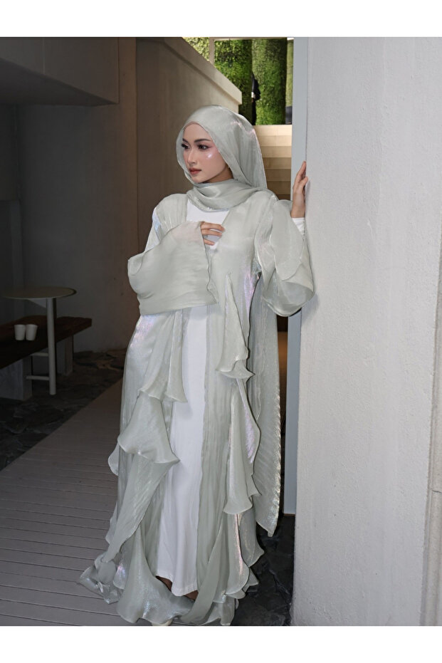 Green Plain Abaya with Ruffle Detail