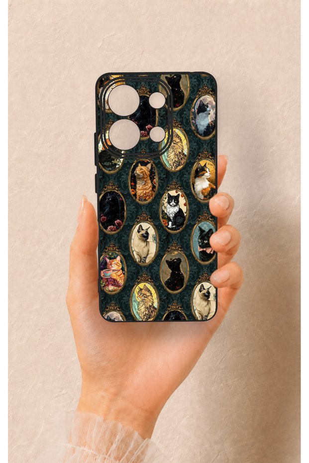 Redmi Note 13 4g Compatible Vintage Cat Portraits Patterned Silicone Case
