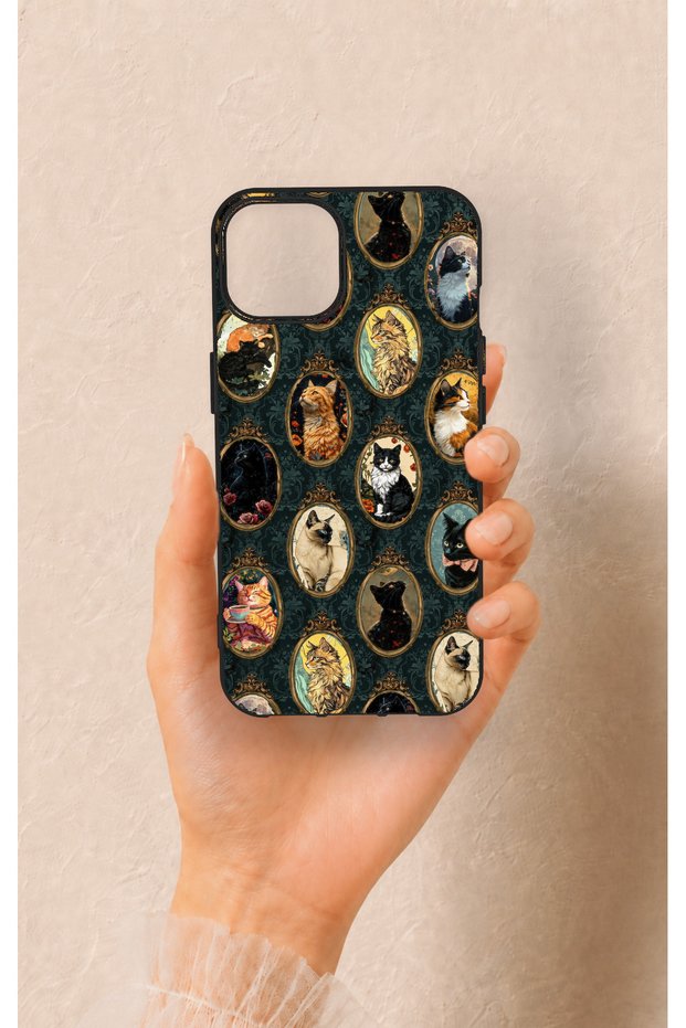 iPhone 13 Compatible Vintage Cat Portraits Patterned Silicone Case