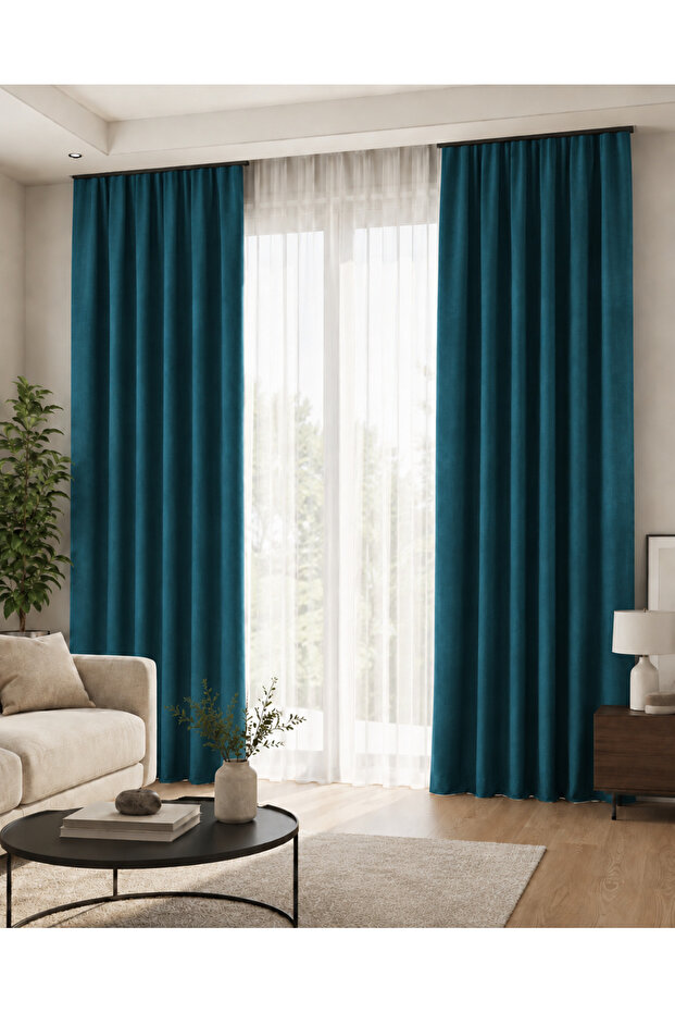 Petrol Blue Velvet Textured Adafon Background Curtain, Stylish Appearance, Soft Texture, Single Panel Decorative Living Room Curtain