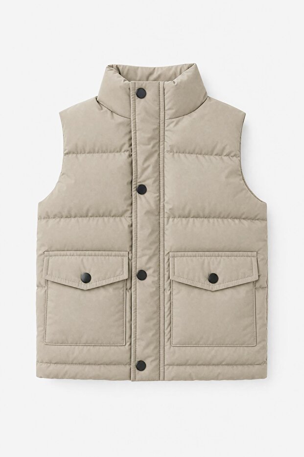 Boy's Stand Collar Double Pocket Puffer Vest
