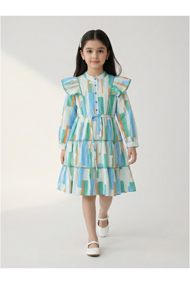 Girls Geometric Print Cotton Tiered Dress with Puff Sleeves