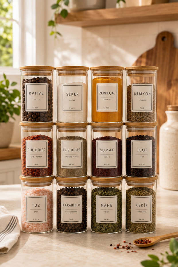 Nola – Set of 12 Borosilicate Spice Jars with Bamboo Lids 270 ml