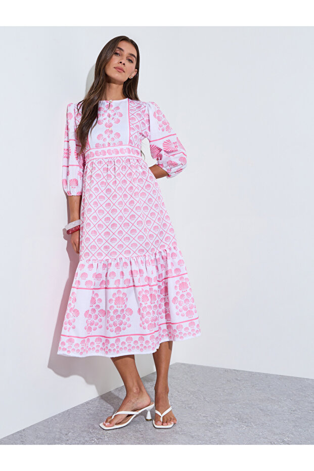 Pink All Over Print 3/4 Sleeves Tiered Midi Dress