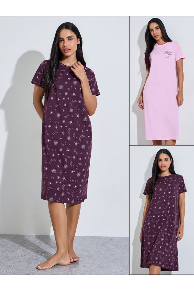 Pack of 2 - Multi-Color Star and Moon Print Short Sleeves Midi Nightdress
