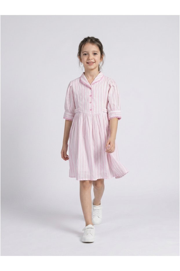 Girls Striped Cotton Dress with Bow Waist Applique