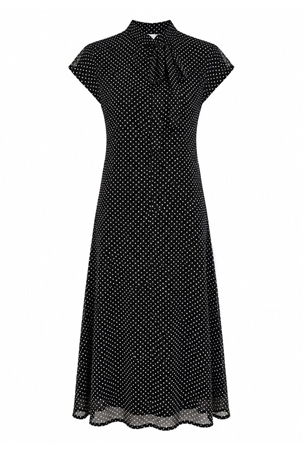 Black Tie-Neck Polka Dot Midi Dress - 2Y8276