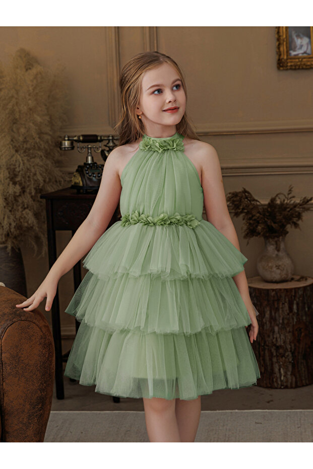 Girls Sage Green A-Line Tiered Tulle Dress