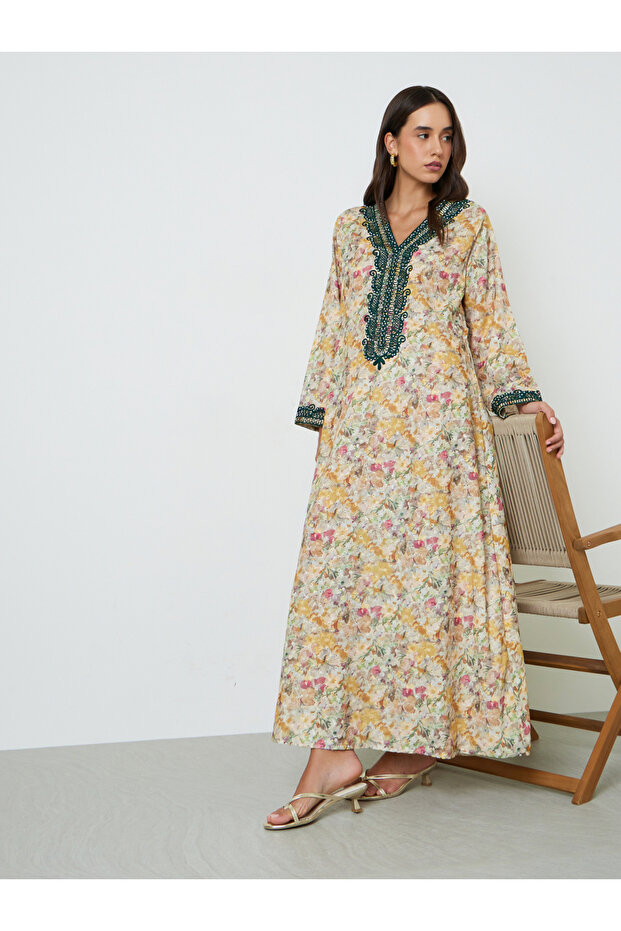 Printed Cotton Jalabiya with Thread Work
