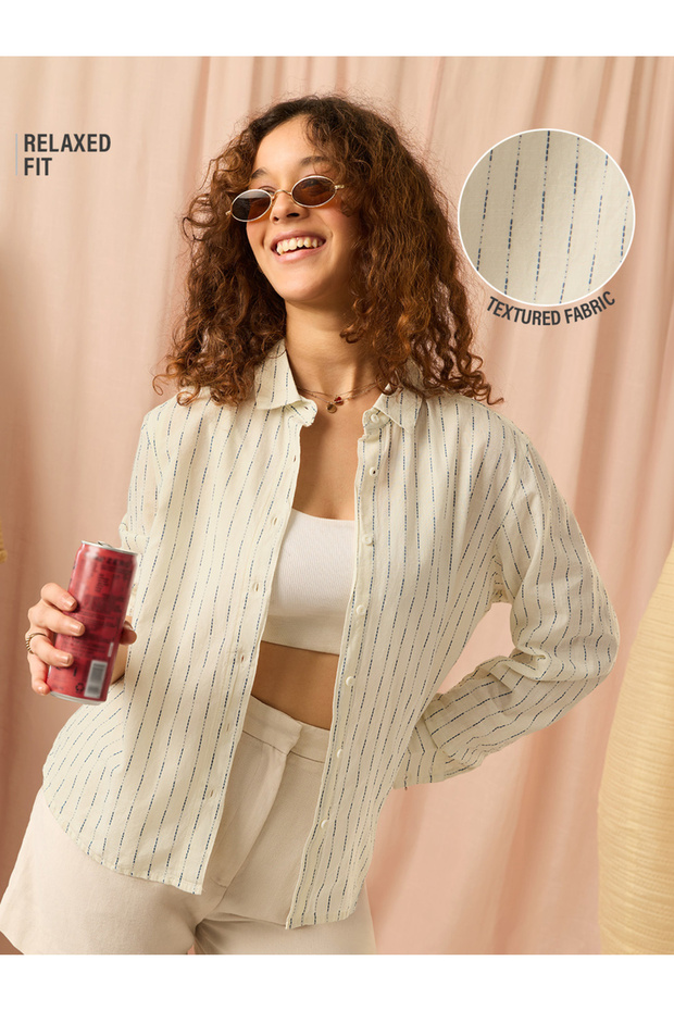 Off-White Striped Long Sleeve Relaxed Fit Shirt