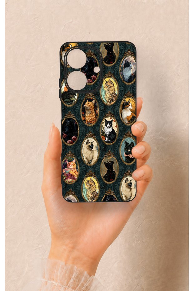 Realme Note 60 Compatible Vintage Cat Portraits Patterned Silicone Case
