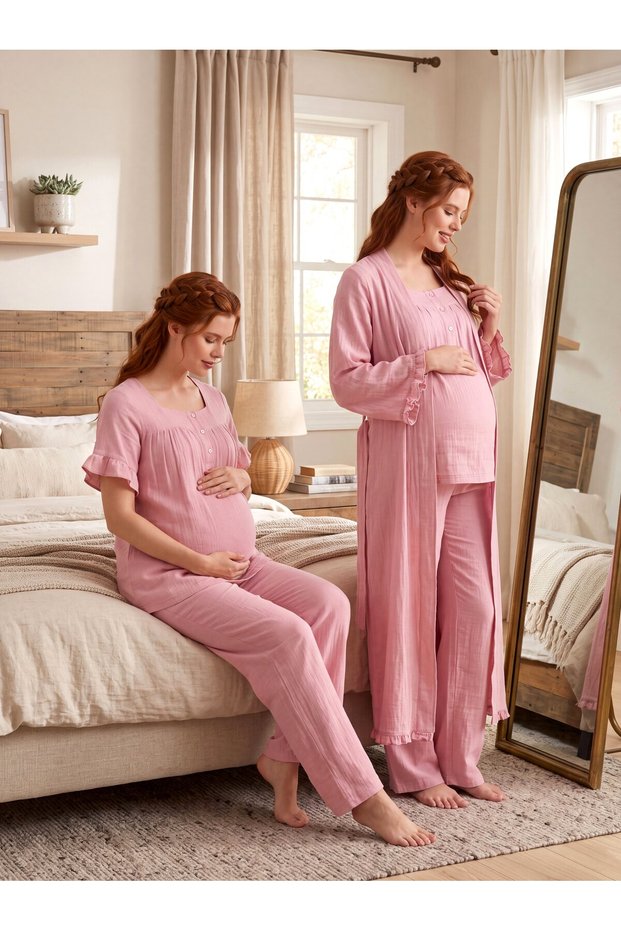 New Season Powder Muslin Fabric Button Detailed Design Short Sleeve 100% Cotton Maternity Pajama Set 3-Piece Set
