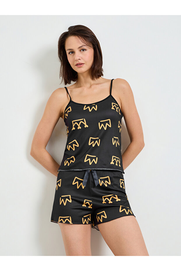 Black Graphic Crown Cami and Shorts Pajama Set