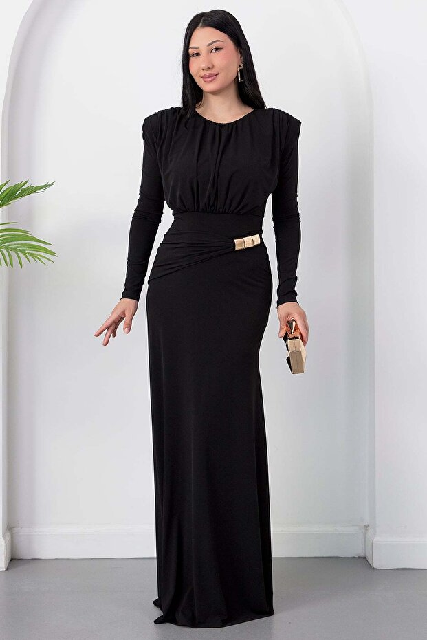 Crew Neck Long Sleeve Dress with Buckle at Waist K-262732