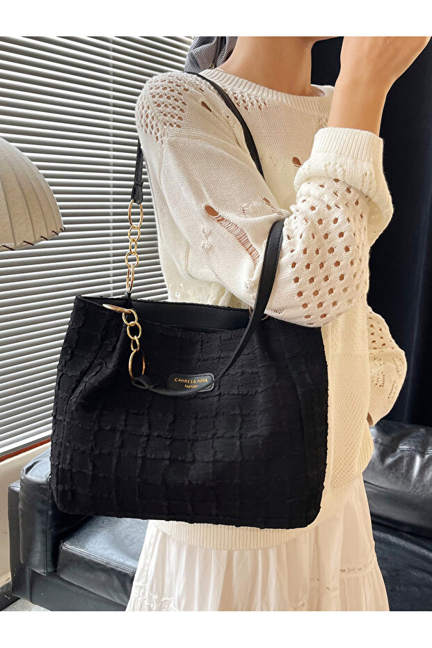Black Textured Shoulder Bag with Gold Chain Detail