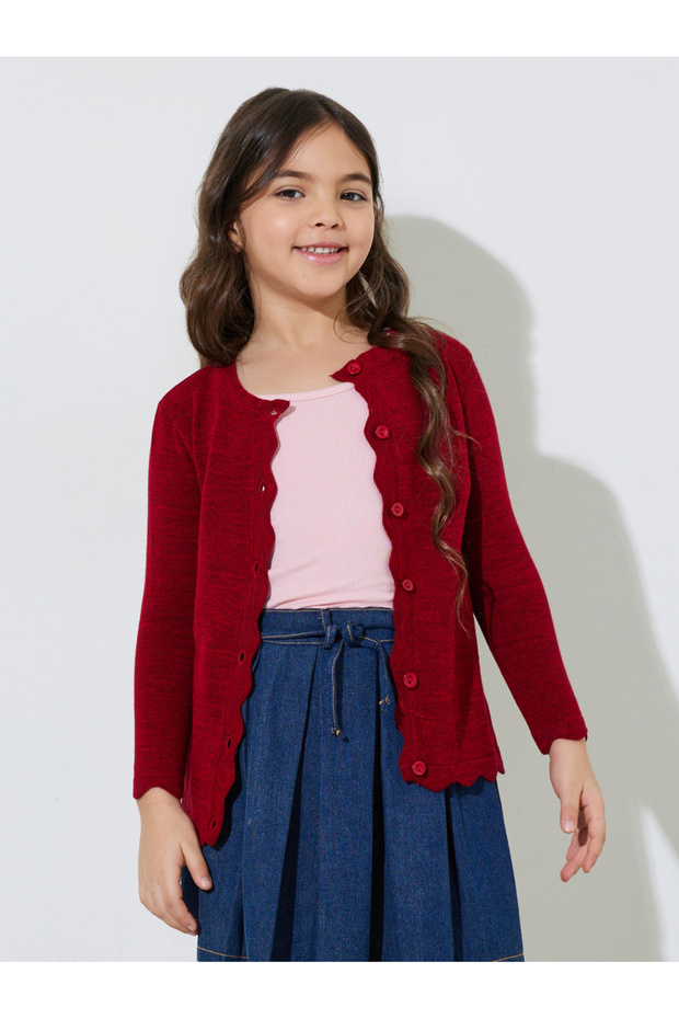 Girls Red Solid Button-Front Cardigan