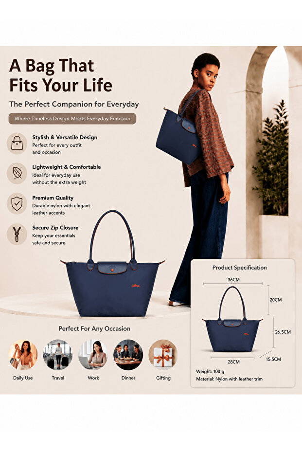 Medium‑Size Women's Nylon Tote Bag with Brown Leather Trim Shoulder Bag Messenger Bag Navy Blue
