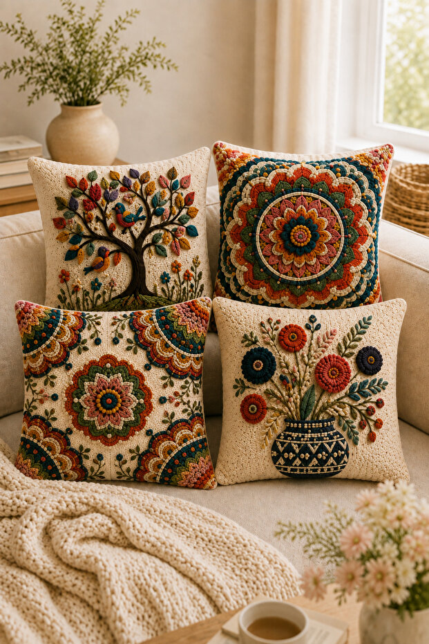 3D Digital Printing Maximalist Bohemian Patterned Set of 4 Throw Pillow Covers