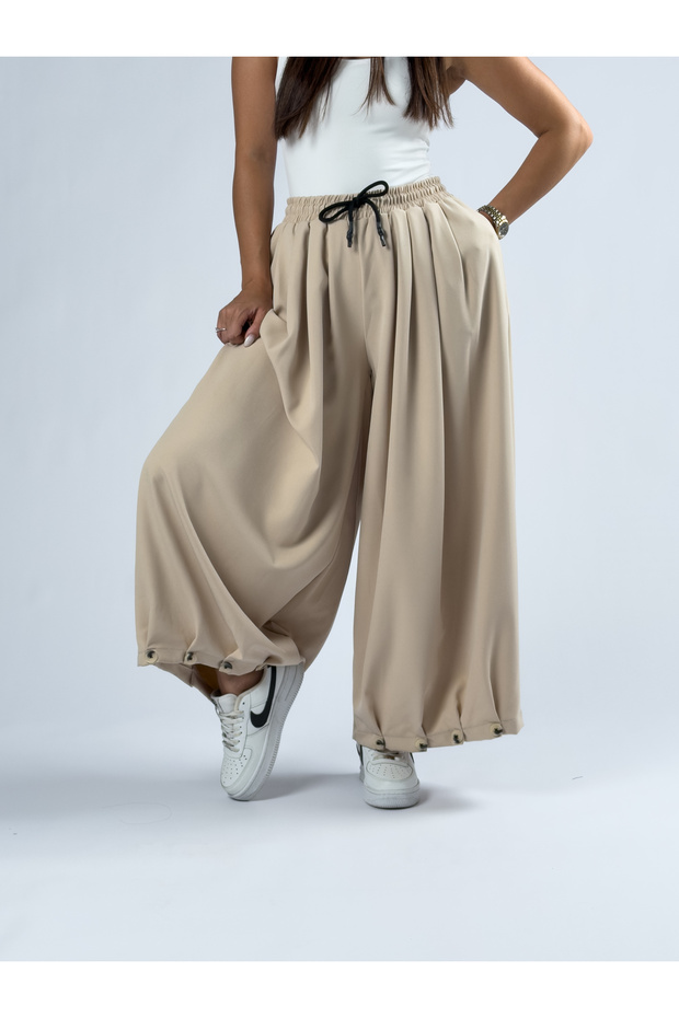 Coc3340 Women's Brown Palazzo Trousers with Button Detail on the Hem