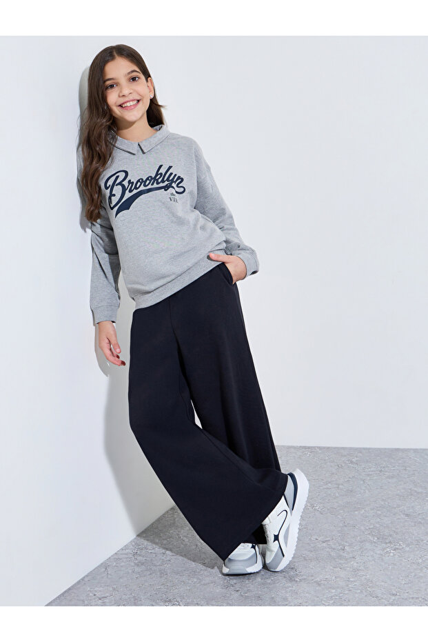 Teen Girls Grey Collared Printed Sweatshirt and Solid Navy Blue Joggers Set