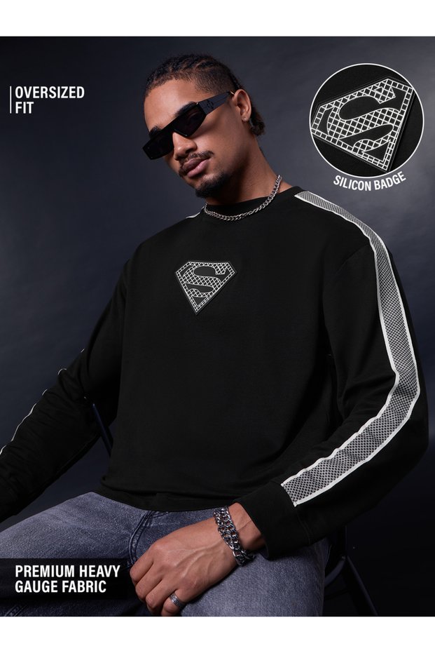 Men Black Superman Graphic Oversized Long Sleeve T-Shirt