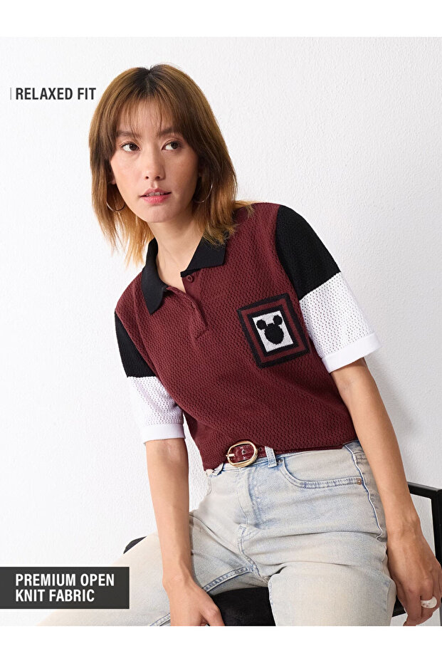 Maroon Mickey Graphic Open Knit Polo T-Shirt