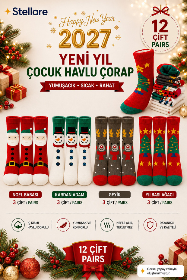 12 pairs kids christmas themed socks - thermal winter thick terry textured, seamless toe and warm socks set