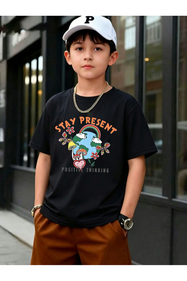 Kids Black Cotton Graphic T-Shirt with Short Sleeves