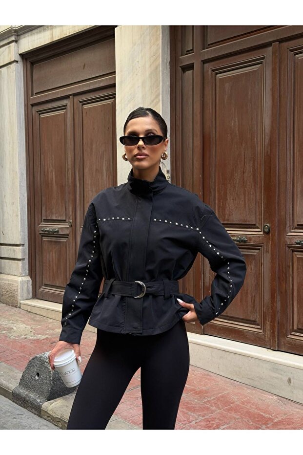 Studded Belted Zippered Trench Jacket
