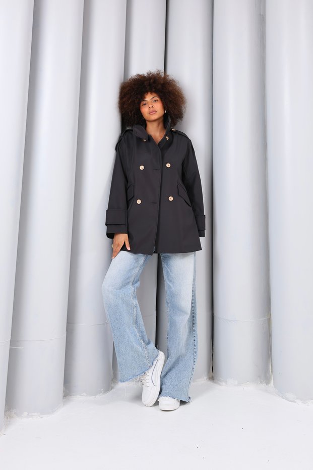Women's Oversize Short Trench Coat Stand Collar Buttoned Pocket Trench Coat