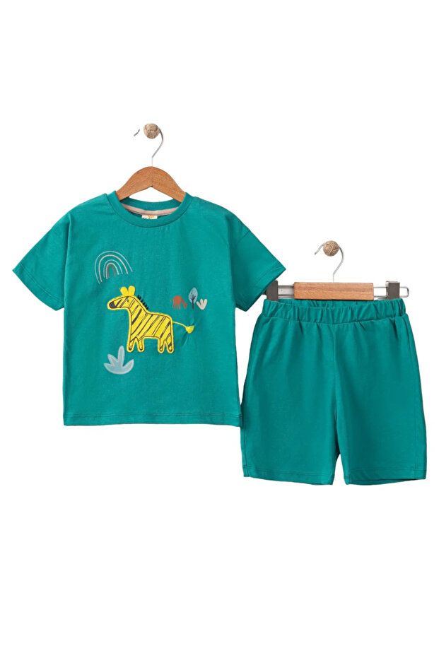 Baby Boy Green Giraffe Embroidered Shorts Set of 2