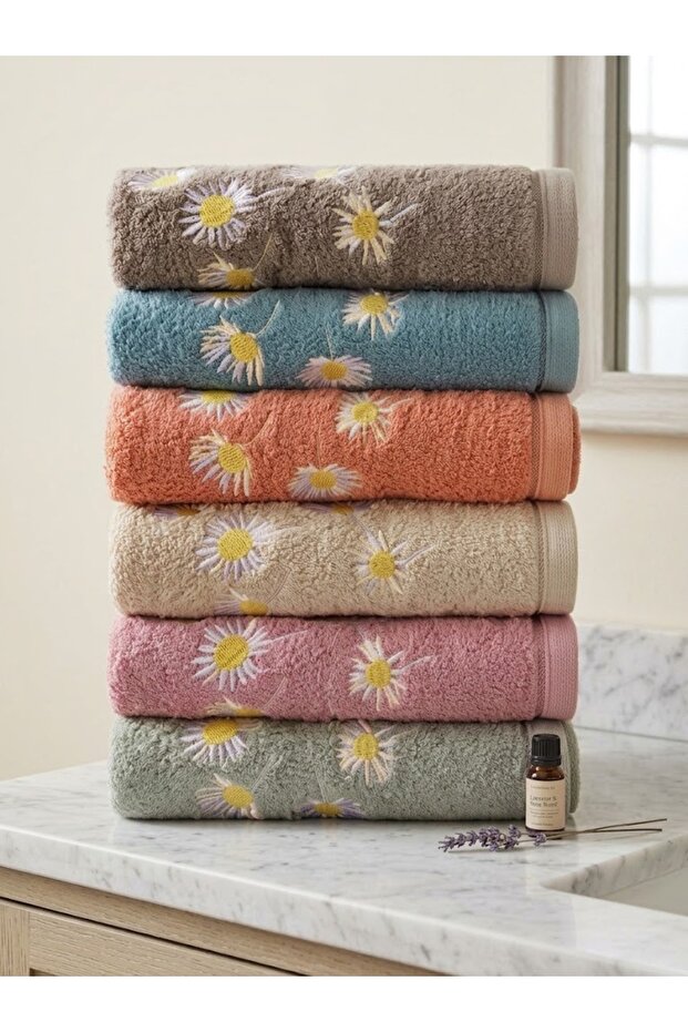 6 Towels with Daisy Embroidery | Towel Set | Towel Set | Hand and Face Towel | Dowry Towel | Guest Towel