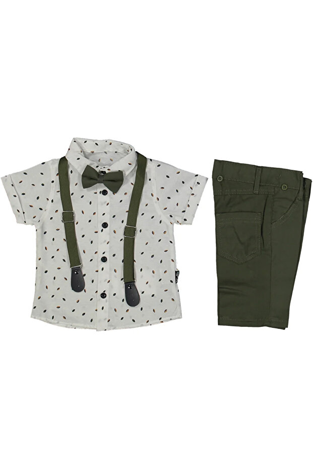 Boy's White Green Trousers, Leaf Patterned Shirt, Bow Tie, Suspender Short Sleeve 3-Piece Set