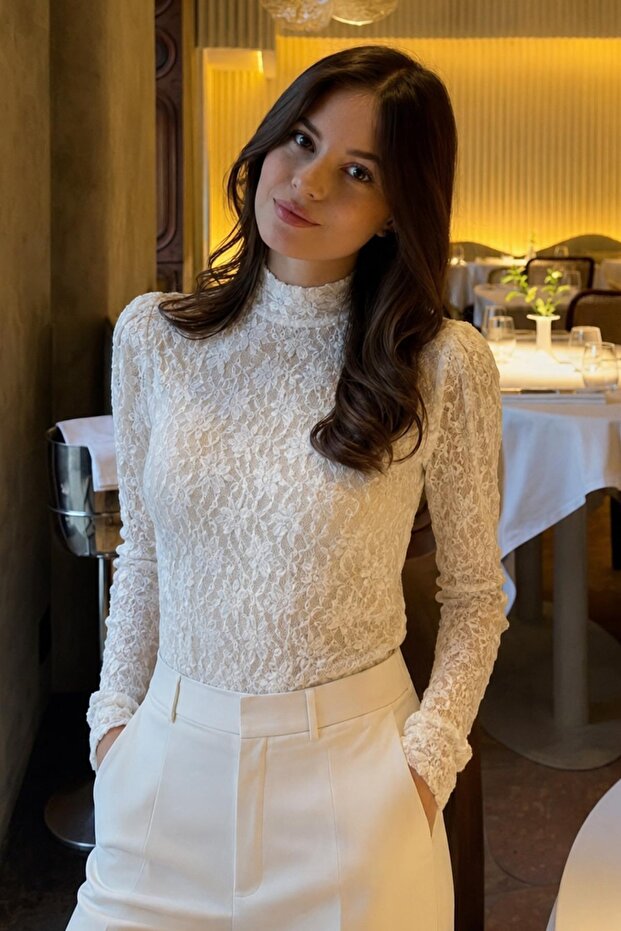 Women's White Lace Stand Collar Spanish Sleeve Blouse