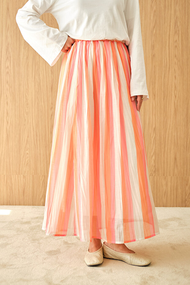 Women's Thick Striped Skirt with Elastic Waistband Orange