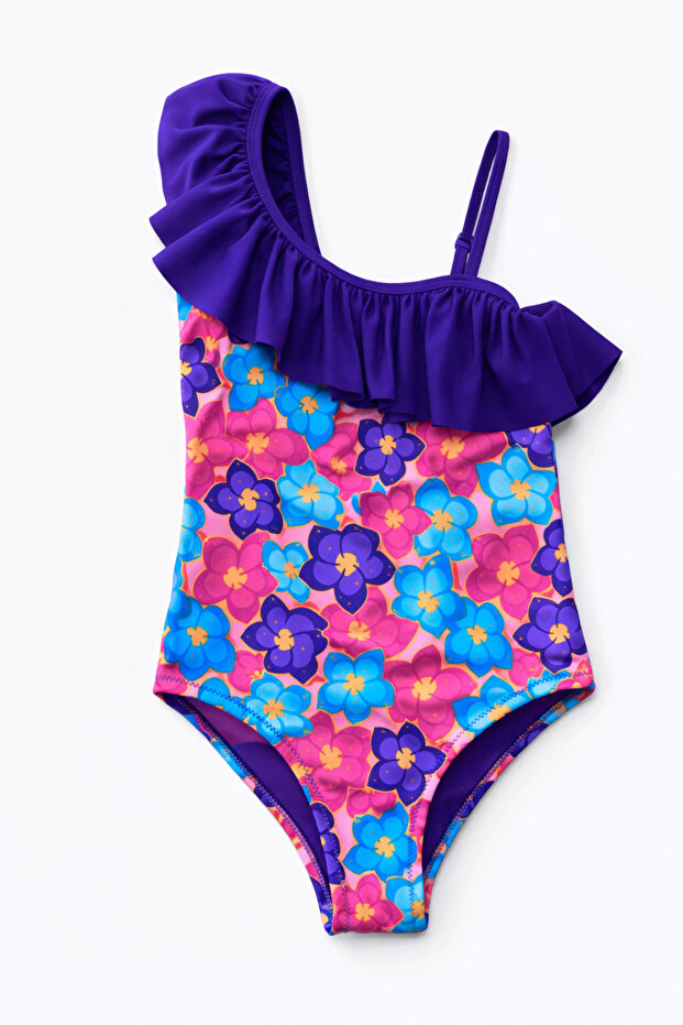 Girl's One-Shoulder Swimsuit with Ruffles and Floral Pattern