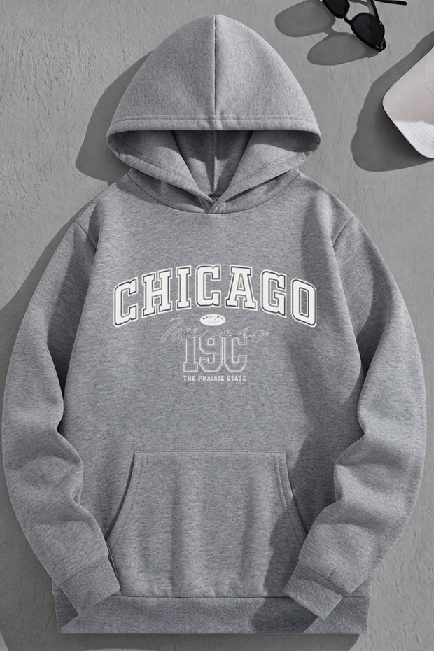 Unisex 3 Thread Cotton Gray Chicago19C Print Loose Fit Sweatshirt Hoodie
