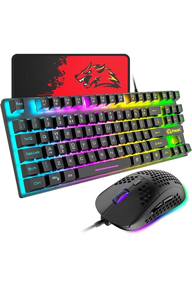 Gaming Keyboard and Mouse Combo,88 Keys Compact Rainbow Backlit Mechanical Feel Keyboard,RGB Backlit