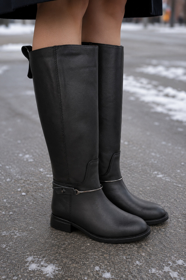 Women's Black Genuine Leather Flat Boots with Metal Accessories