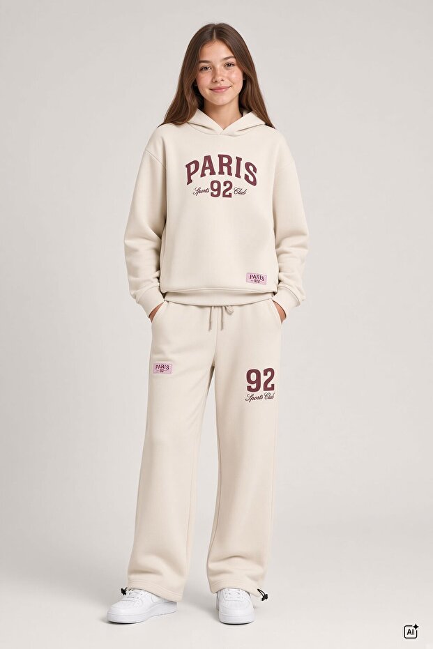 Cream Girls' Text Printed Stopper Long-Sleeved Tracksuit Set 24719