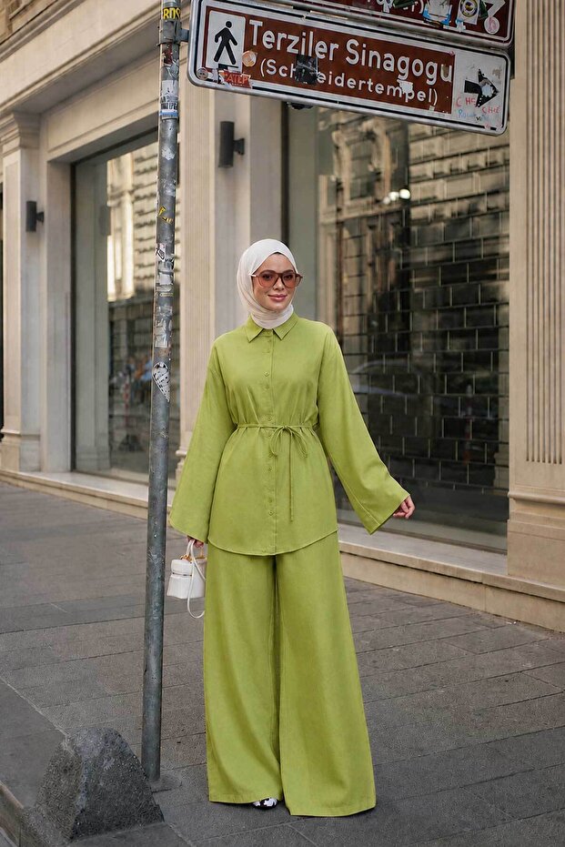 Women's Double Button Detail Waist Tie Suit Green